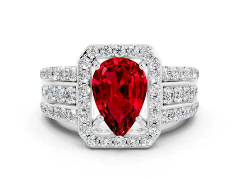 White gold Pear Cut Halo Ruby Ring with Split Shank and Four-Prong Setting