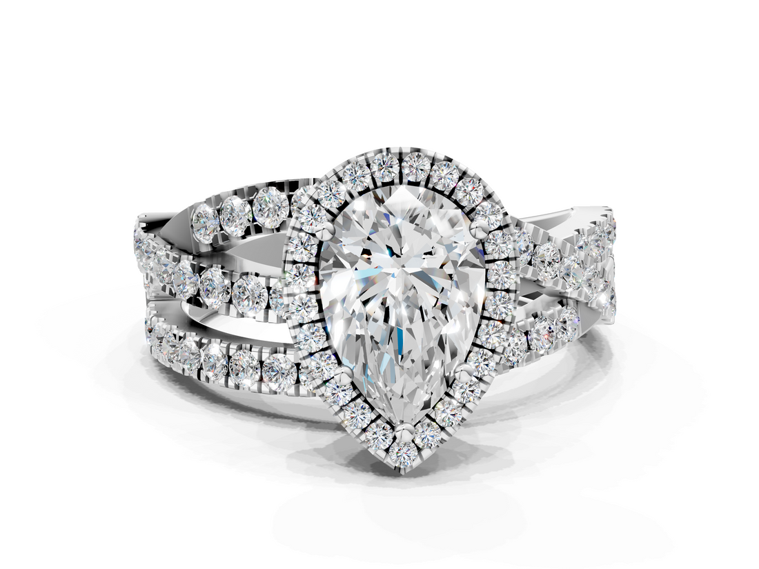 White gold Pear Cut Halo Split Shank Prong Setting Ring_113
