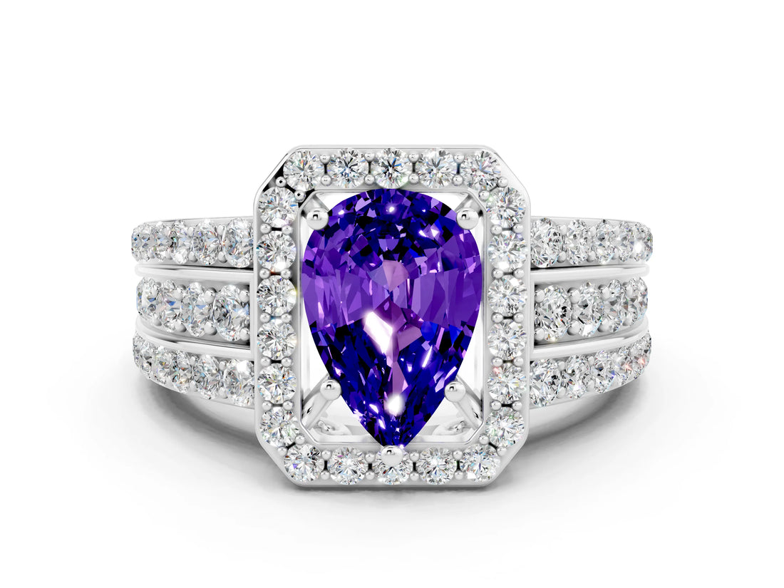 White gold Pear Cut Halo Tanzanite Ring with Split Shank and Four-Prong Setting