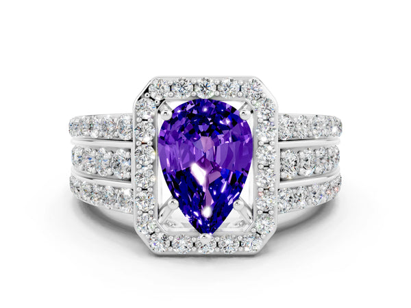 Platinum Pear Cut Halo Tanzanite Ring with Round  Split Shank and Prong Setting