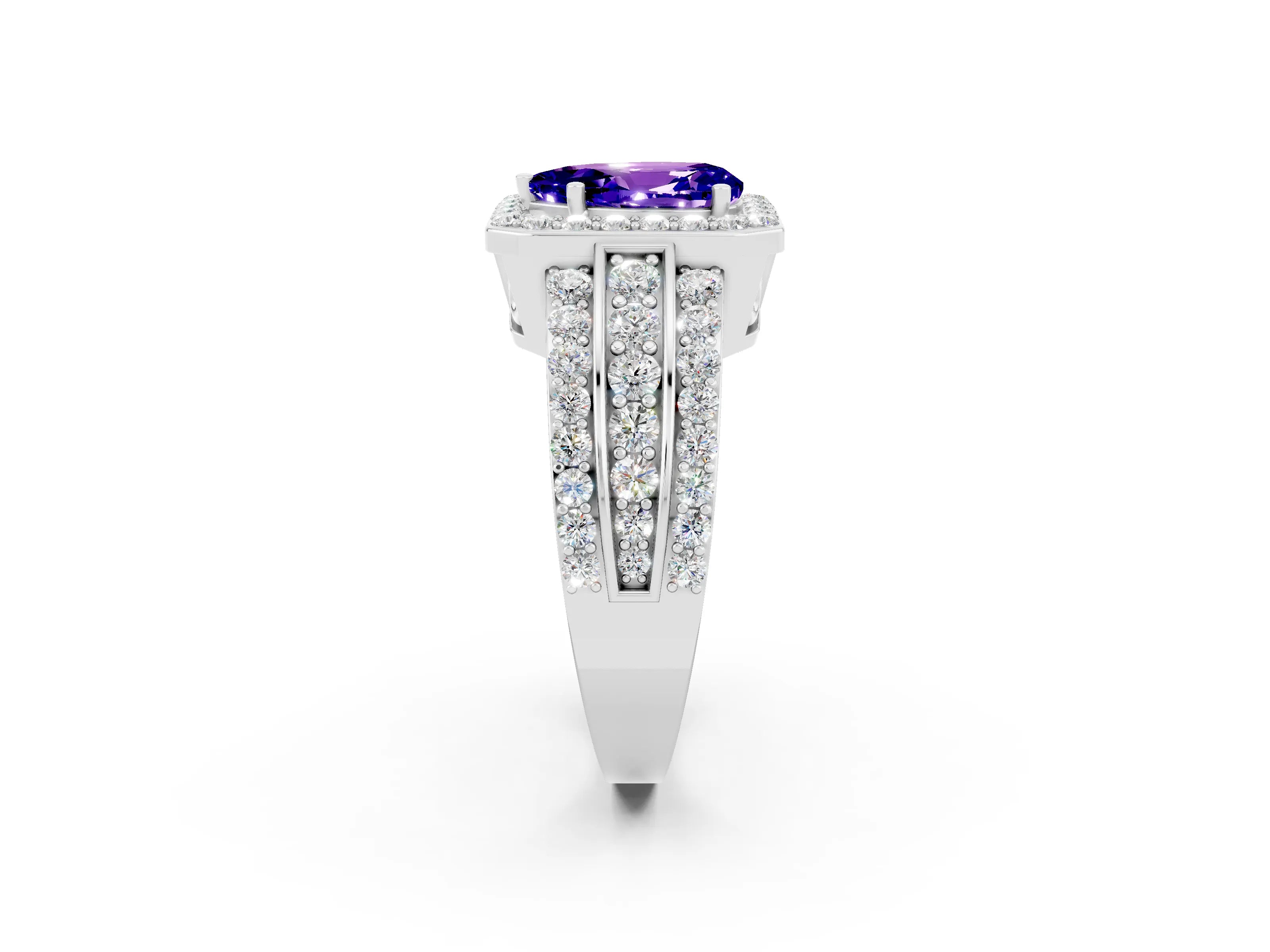 White gold Pear Cut Halo Tanzanite Ring with Split Shank and Four-Prong Setting_2