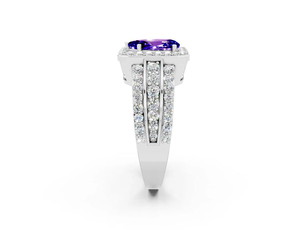 Silver Pear Cut Halo Tanzanite Ring with Round  Split Shank and Prong Setting