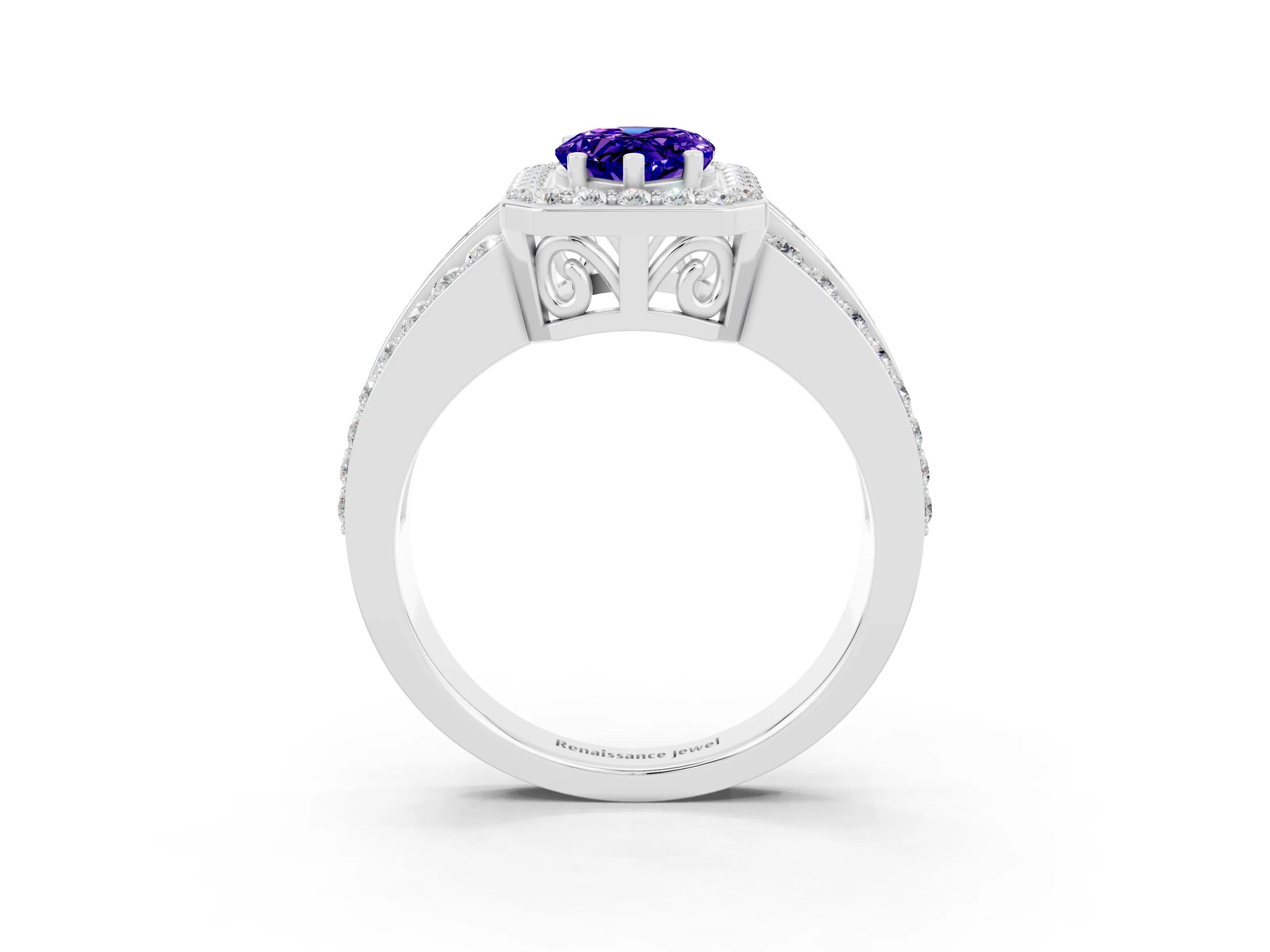 White gold Pear Cut Halo Tanzanite Ring with Split Shank and Four-Prong Setting_3