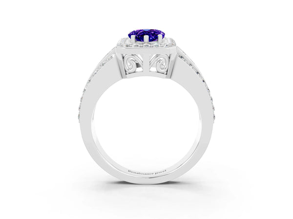 Platinum Pear Cut Halo Tanzanite Ring with Round  Split Shank and Prong Setting