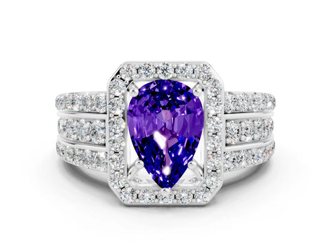 White gold Pear Cut Halo Tanzanite Ring with Split Shank and Four-Prong Setting