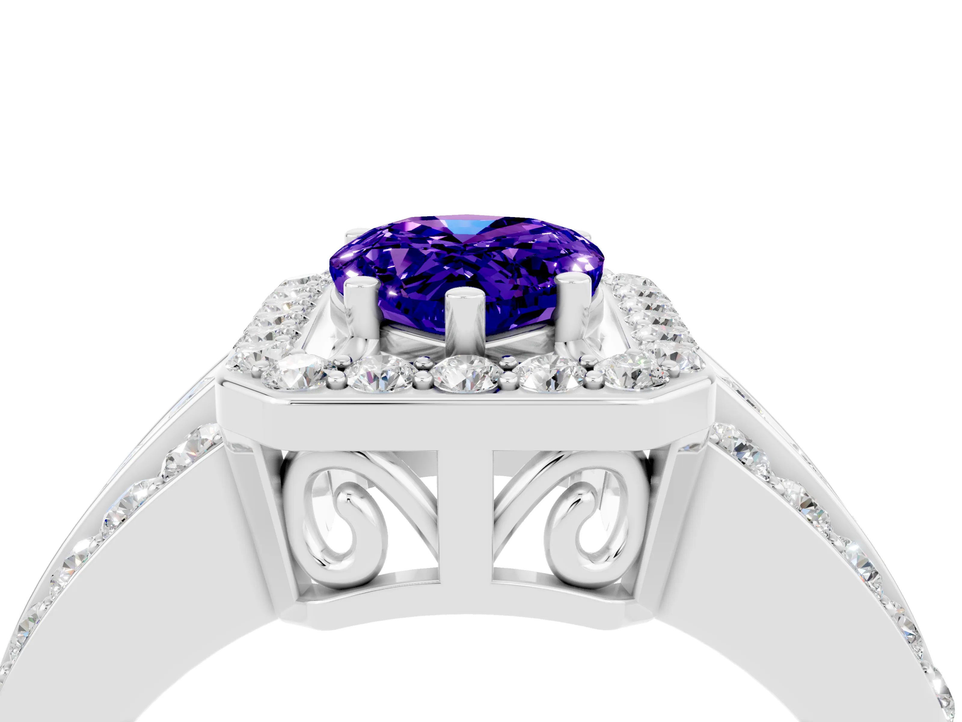 White gold Pear Cut Halo Tanzanite Ring with Split Shank and Four-Prong Setting_4