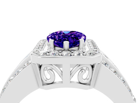 White gold Pear Cut Halo Tanzanite Ring with Split Shank and Four-Prong Setting_4
