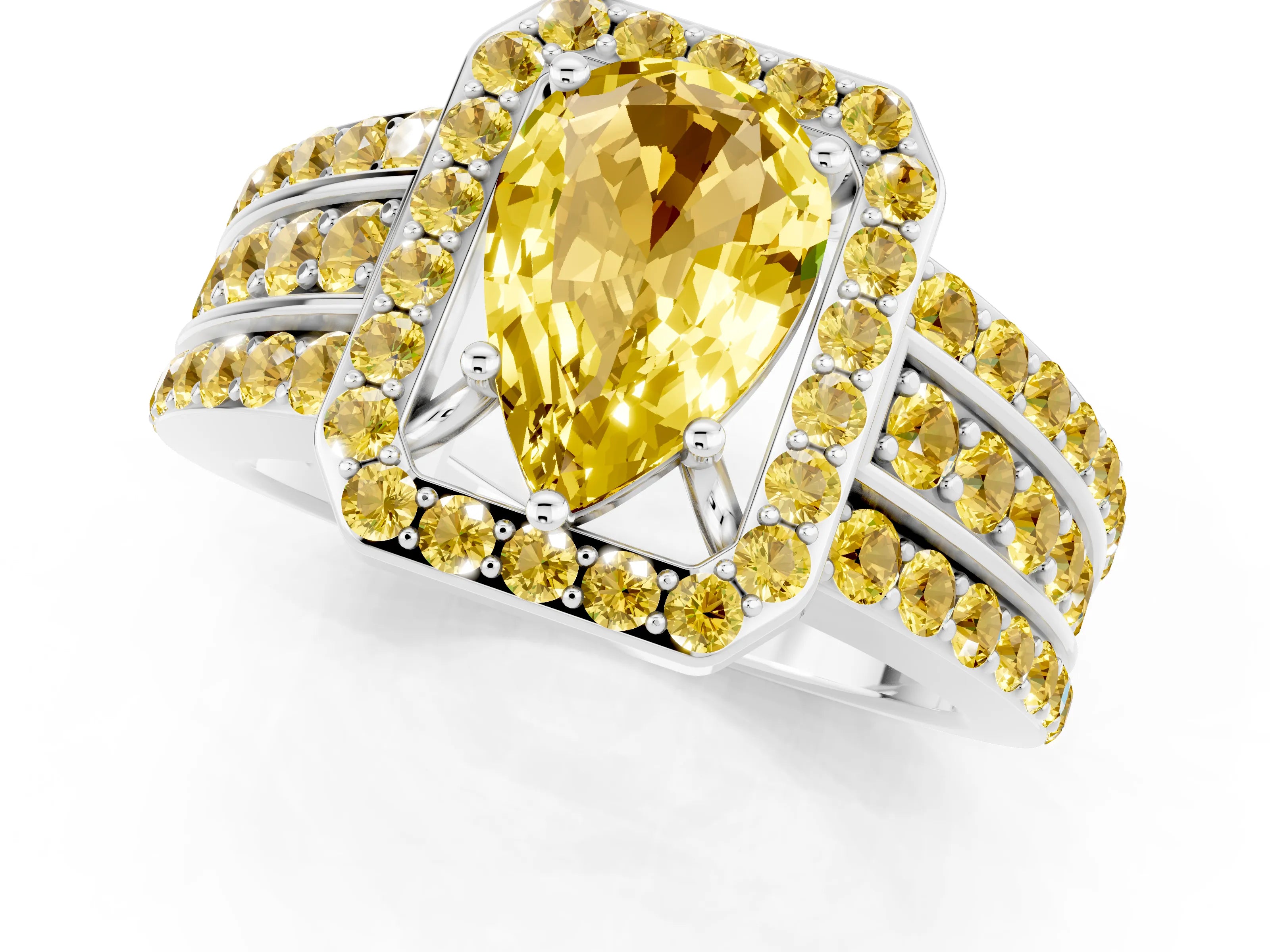 White gold Pear Cut Halo Yellow Sapphire Ring with Split Shank and Four-Prong Setting_1