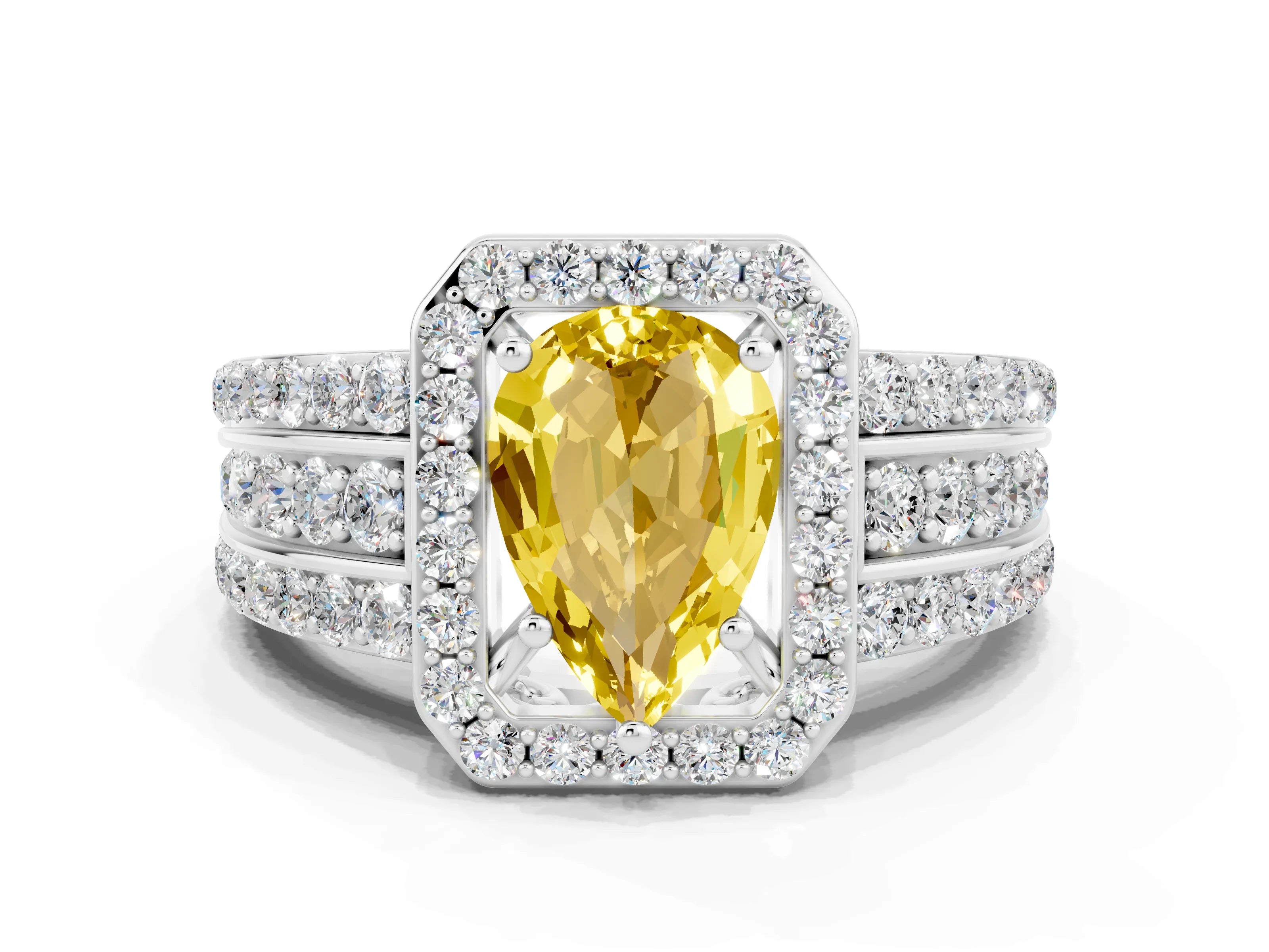 White gold Pear Cut Halo Yellow Sapphire Ring with Split Shank and Four-Prong Setting_24