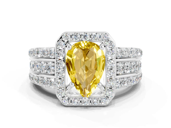 White gold Pear Cut Halo Yellow Sapphire Ring with Round  Split Shank and Prong Setting