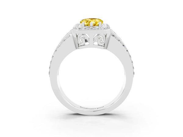 Platinum Pear Cut Halo Yellow Sapphire Ring with Round  Split Shank and Prong Setting