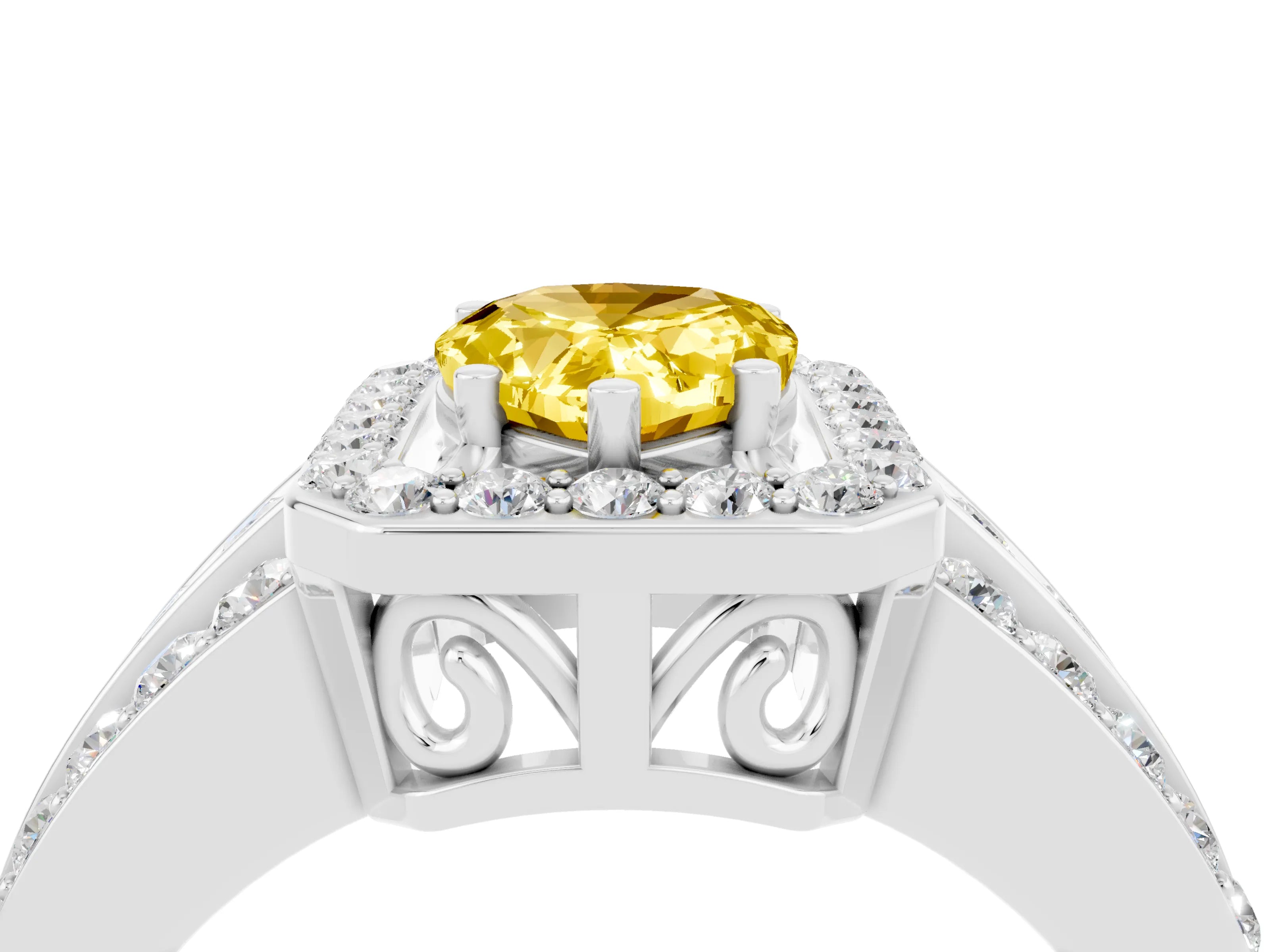 White gold Pear Cut Halo Yellow Sapphire Ring with Split Shank and Four-Prong Setting_28