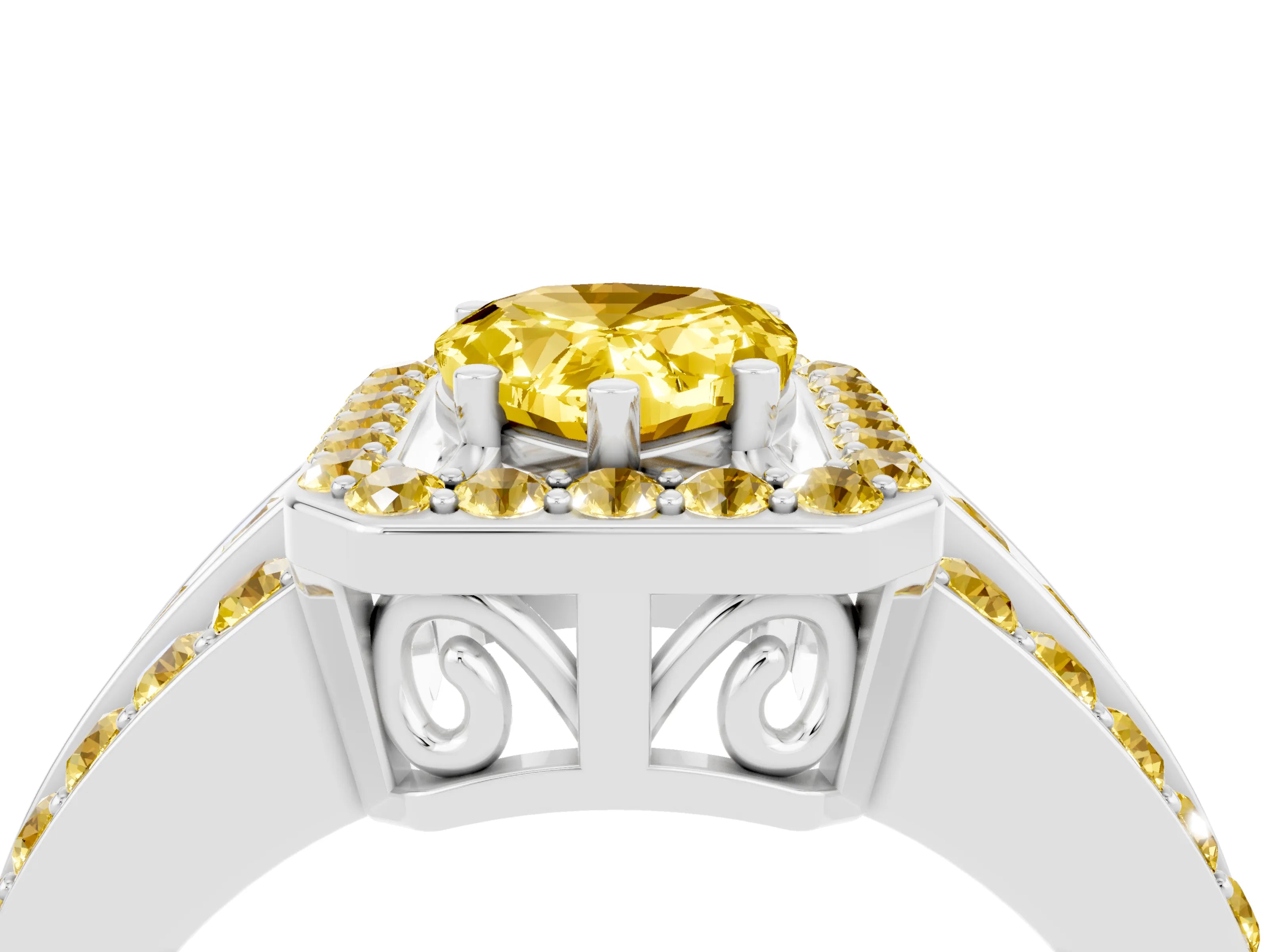 White gold Pear Cut Halo Yellow Sapphire Ring with Split Shank and Four-Prong Setting_4