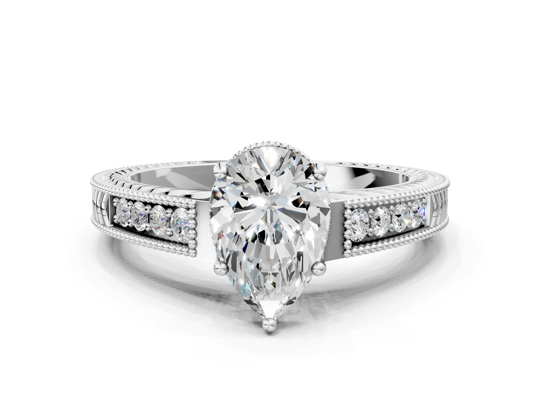 White gold Pear Cut Milgrain Channel Set Engagement Ring with Solitaire Prong Setting_58