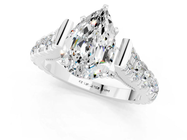 White gold Pear Cut Moissanite Classic Solitaire Ring with Pavé Band and Four-Prong Setting