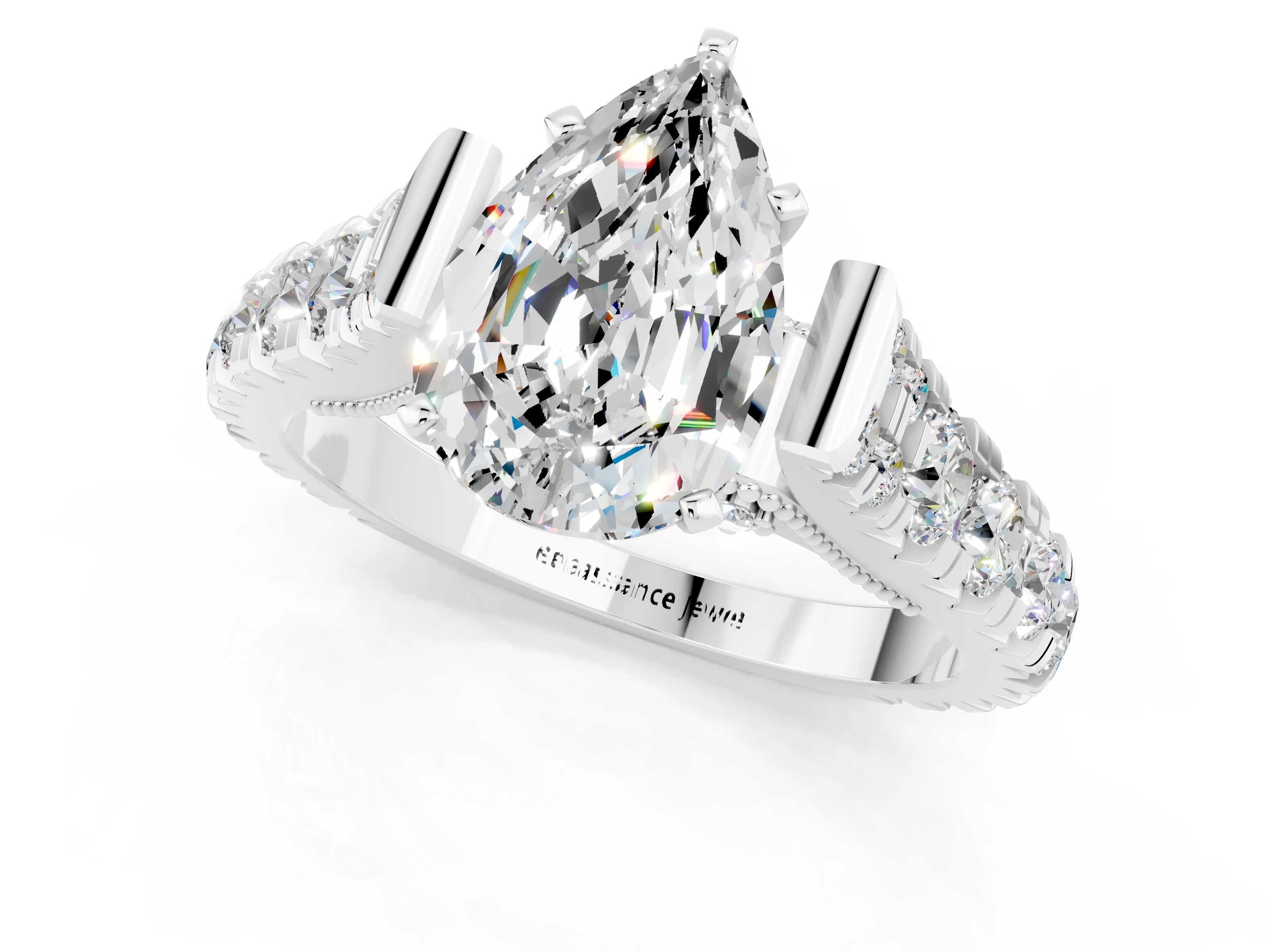 White gold Pear Cut Moissanite Classic Solitaire Ring with Pavé Band and Four-Prong Setting_1