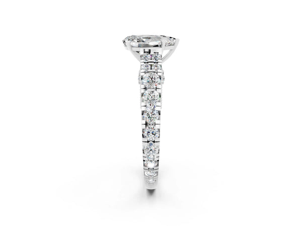 Silver Pear Cut Moissanite Classic Solitaire Ring with Pavé Band and Four-Prong Setting