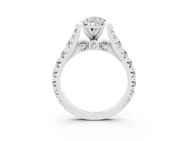 Silver Pear Cut Moissanite Classic Solitaire Ring with Pavé Band and Four-Prong Setting