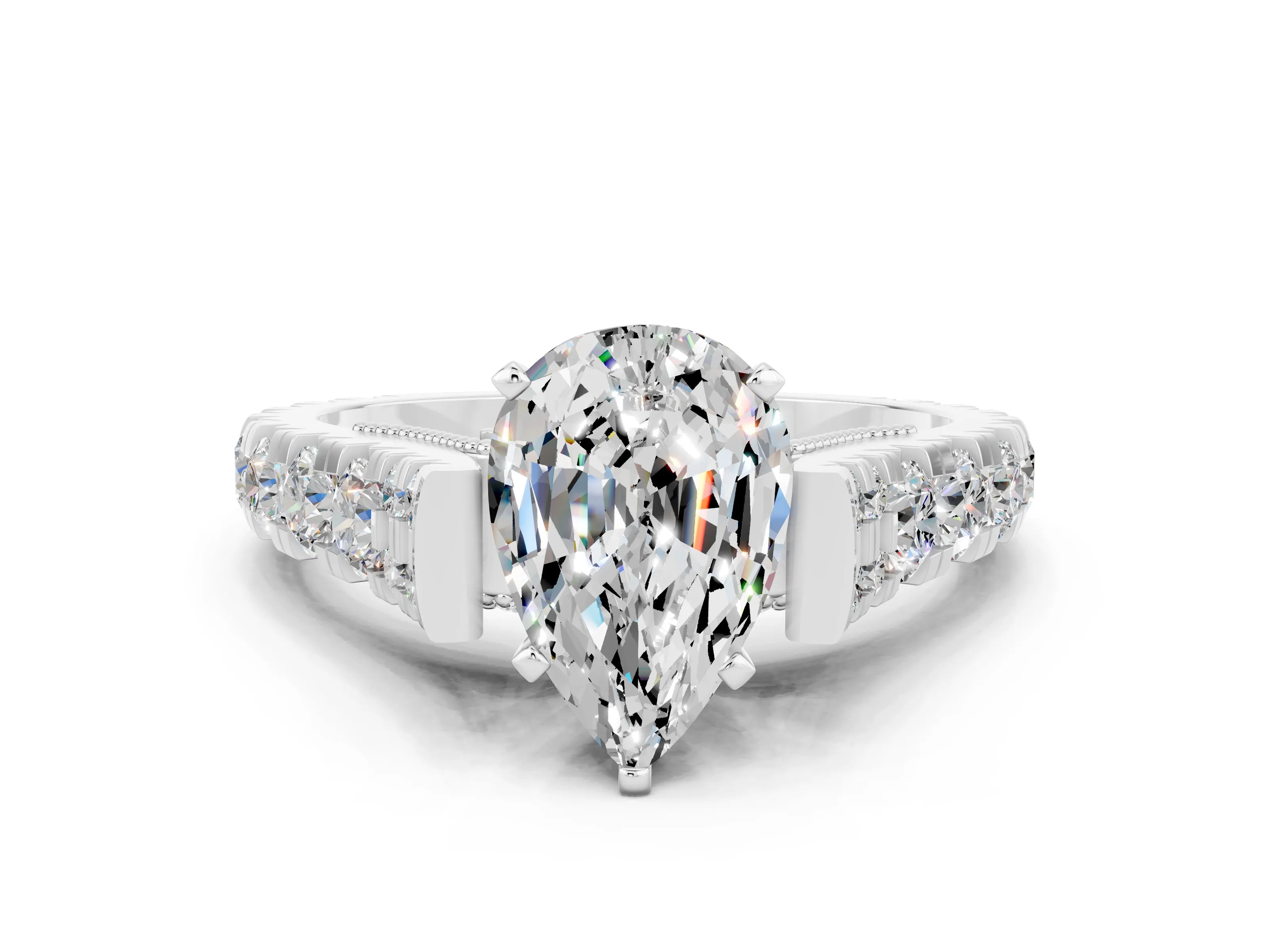 White gold Pear Cut Moissanite Classic Solitaire Ring with Pavé Band and Four-Prong Setting