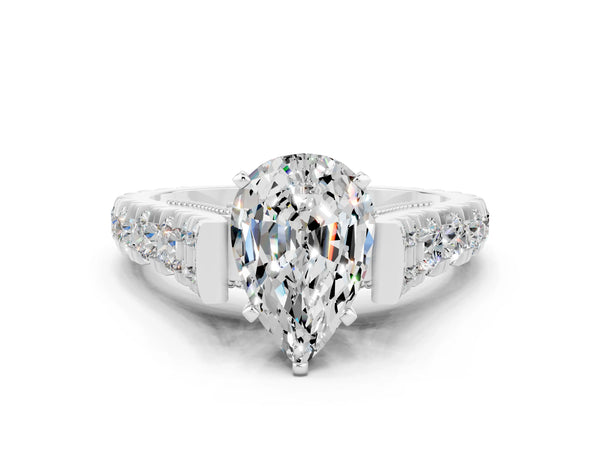 White gold Pear Cut Moissanite Classic Solitaire Ring with Pavé Band and Four-Prong Setting