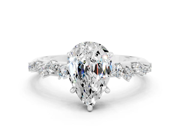 Silver Pear Cut Moissanite Cluster Side Stone Solitaire Ring with Prong Setting