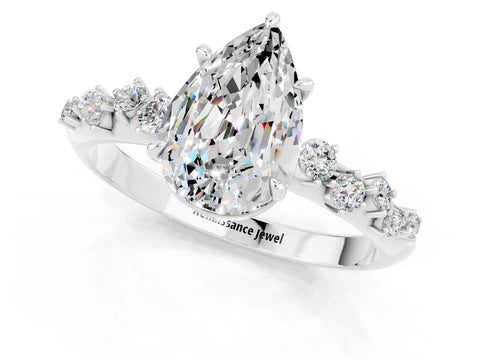 White gold Pear Cut Moissanite Cluster Side Stone Solitaire Ring with Prong Setting_25