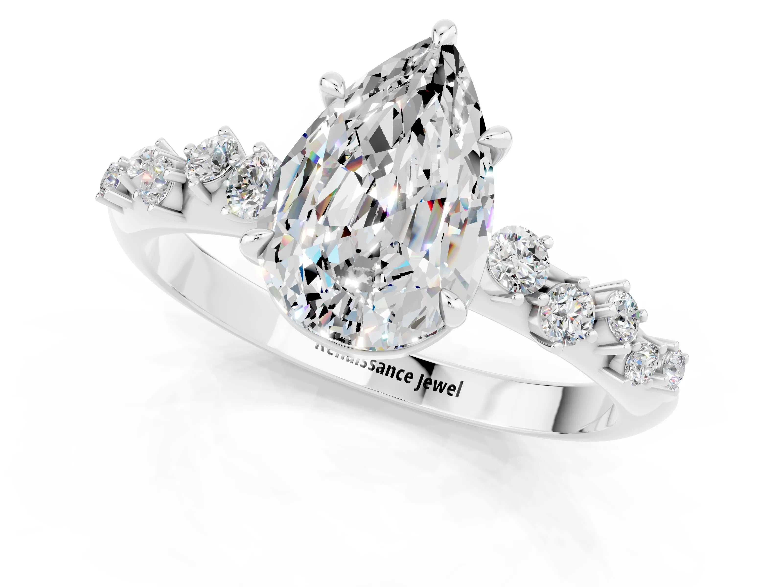 White gold Pear Cut Moissanite Cluster Side Stone Solitaire Ring with Prong Setting_25