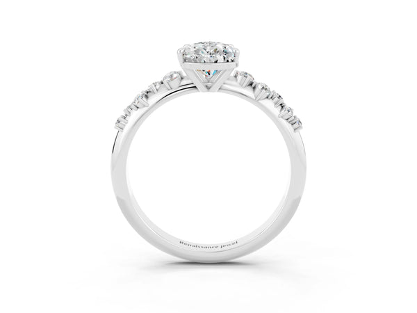 Silver Pear Cut Moissanite Cluster Side Stone Solitaire Ring with Prong Setting