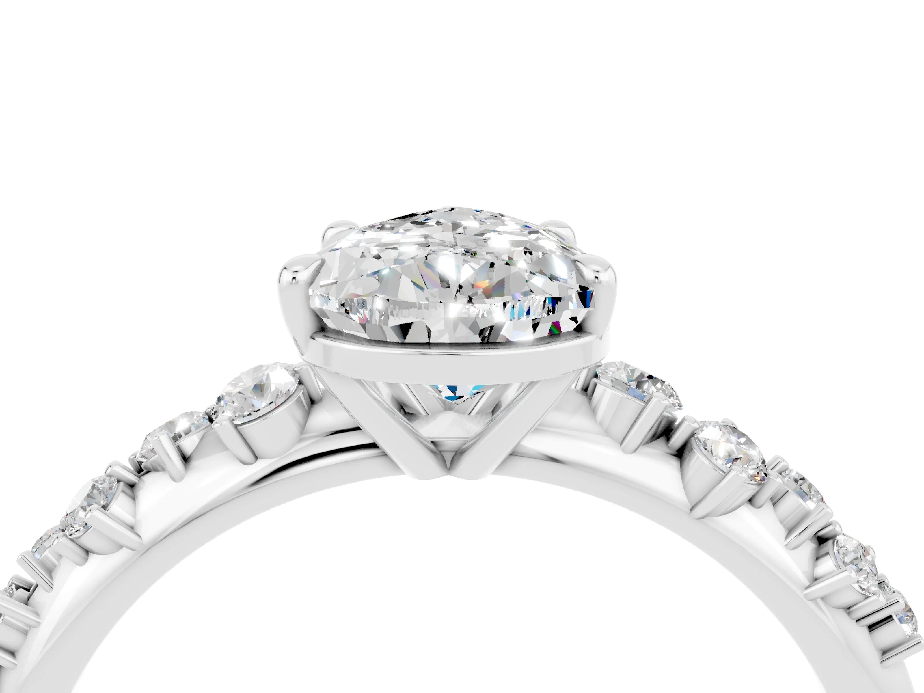White gold Pear Cut Moissanite Cluster Side Stone Solitaire Ring with Prong Setting_28