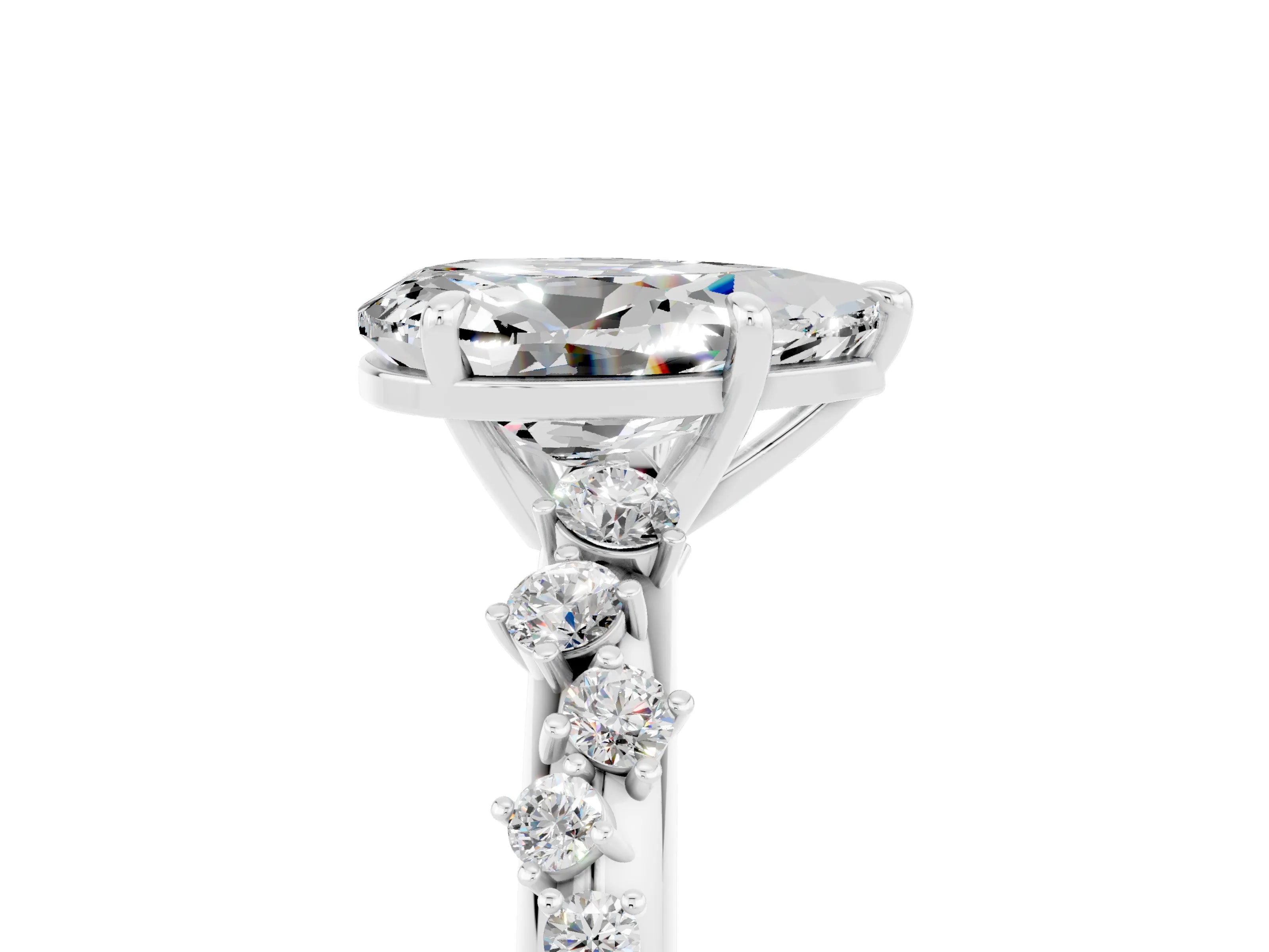 White gold Pear Cut Moissanite Cluster Side Stone Solitaire Ring with Prong Setting_29