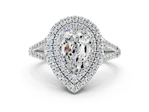 White gold Pear Cut Moissanite Double Halo Ring with Pavé Band and Prong Setting_12