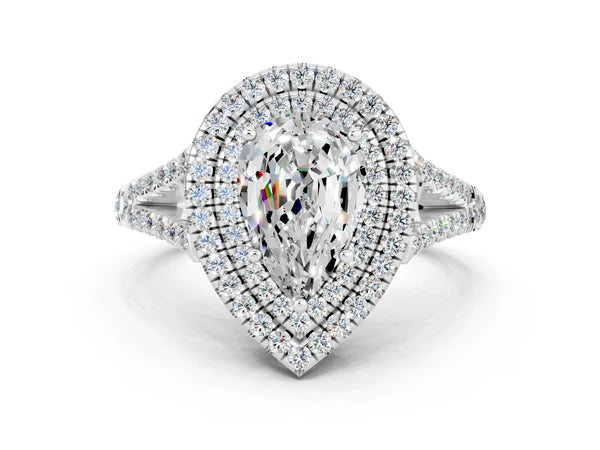 White gold Pear Cut Moissanite Double Halo Ring with Pavé Band and Prong Setting
