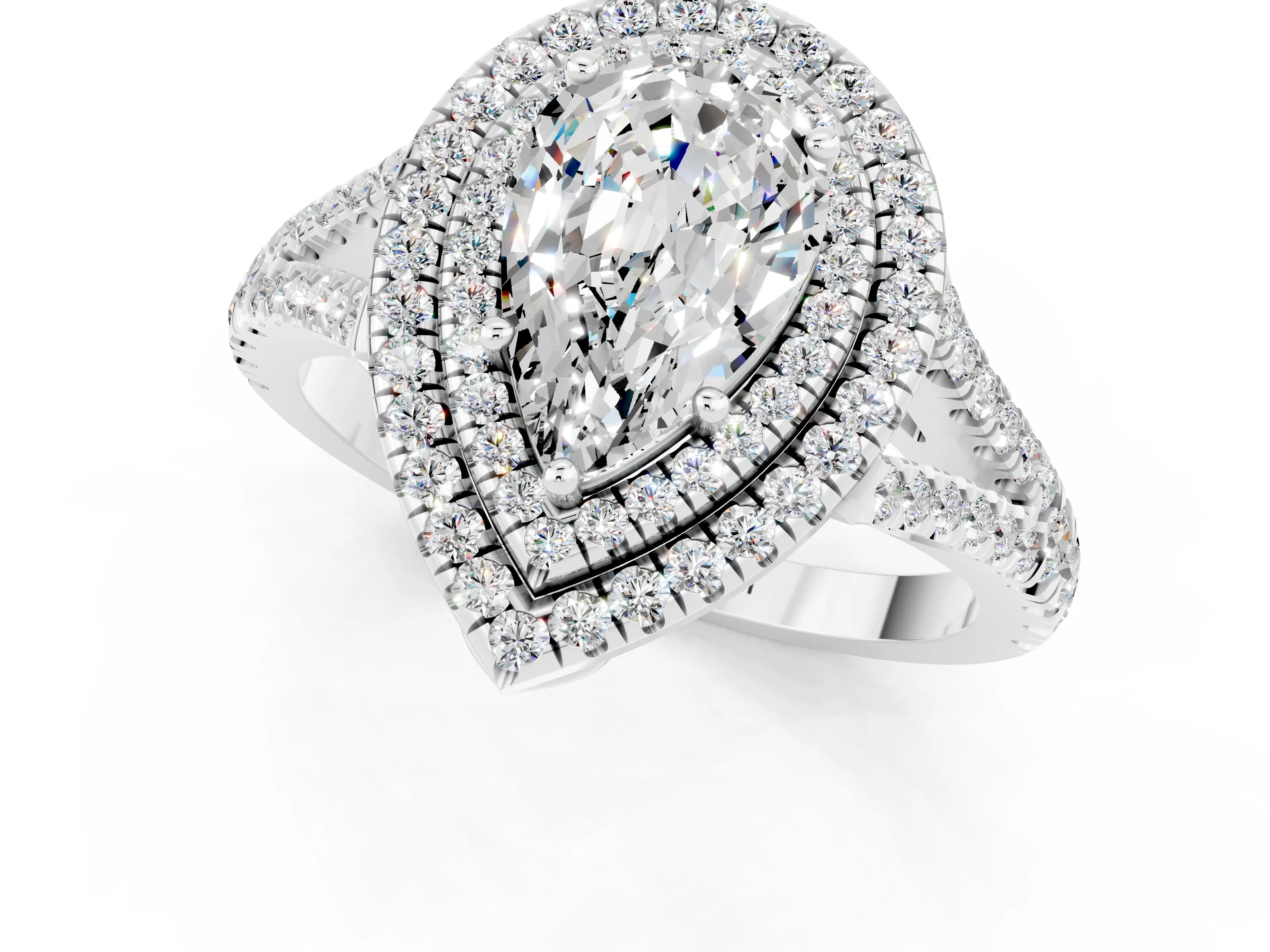 White gold Pear Cut Moissanite Double Halo Ring with Pavé Band and Prong Setting_13