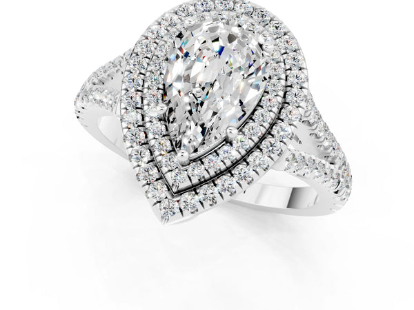 Silver Pear Cut Moissanite Double Halo Ring with Pavé Band and Prong Setting