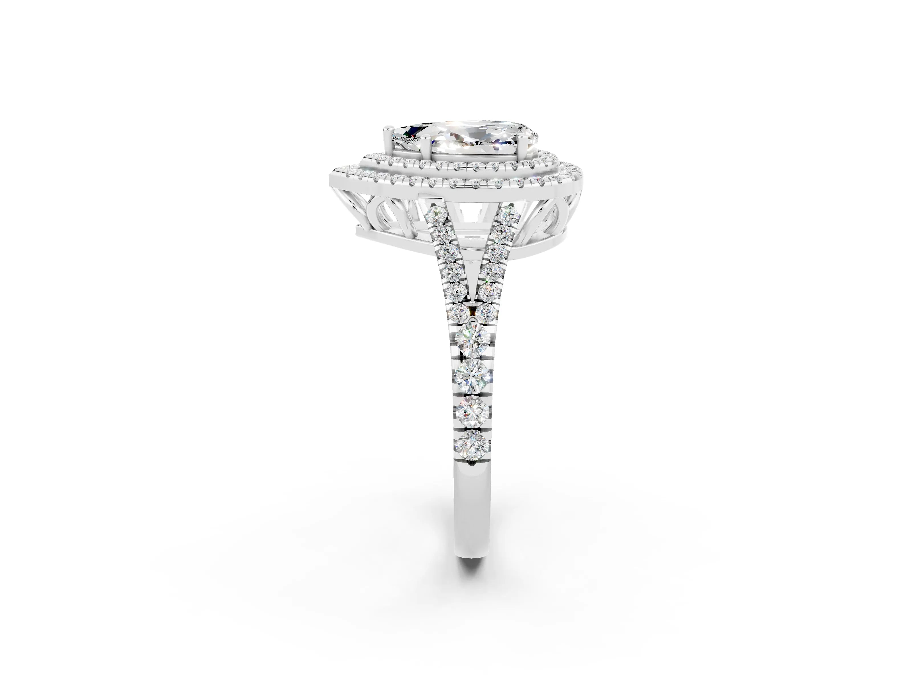 White gold Pear Cut Moissanite Double Halo Ring with Pavé Band and Prong Setting_14