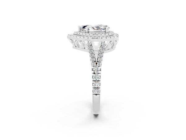 Silver Pear Cut Moissanite Double Halo Ring with Pavé Band and Prong Setting