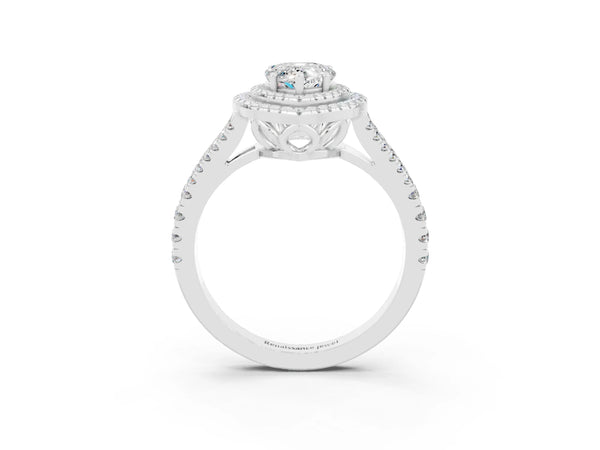 White gold Pear Cut Moissanite Double Halo Ring with Pavé Band and Prong Setting