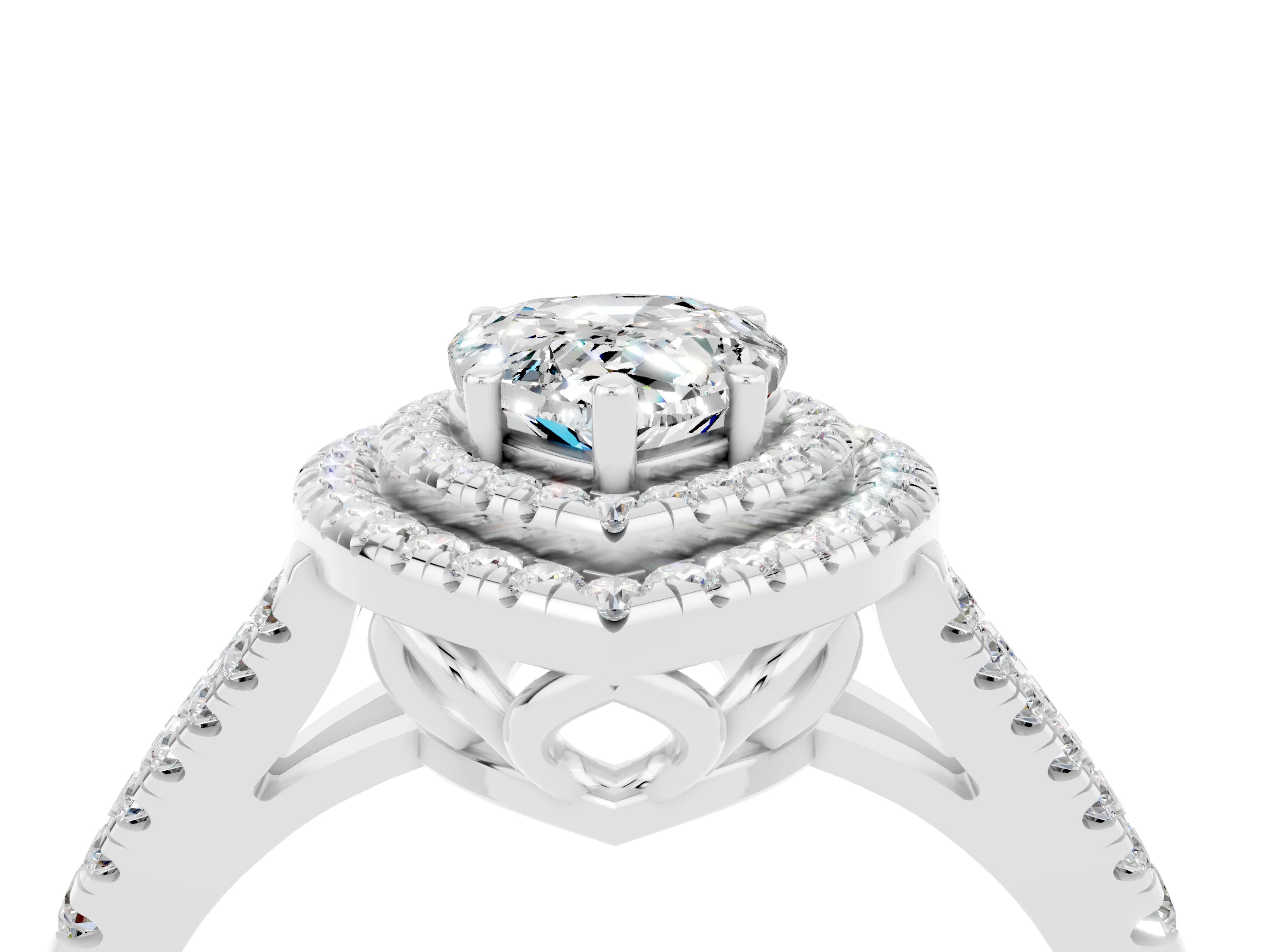 White gold Pear Cut Moissanite Double Halo Ring with Pavé Band and Prong Setting_16