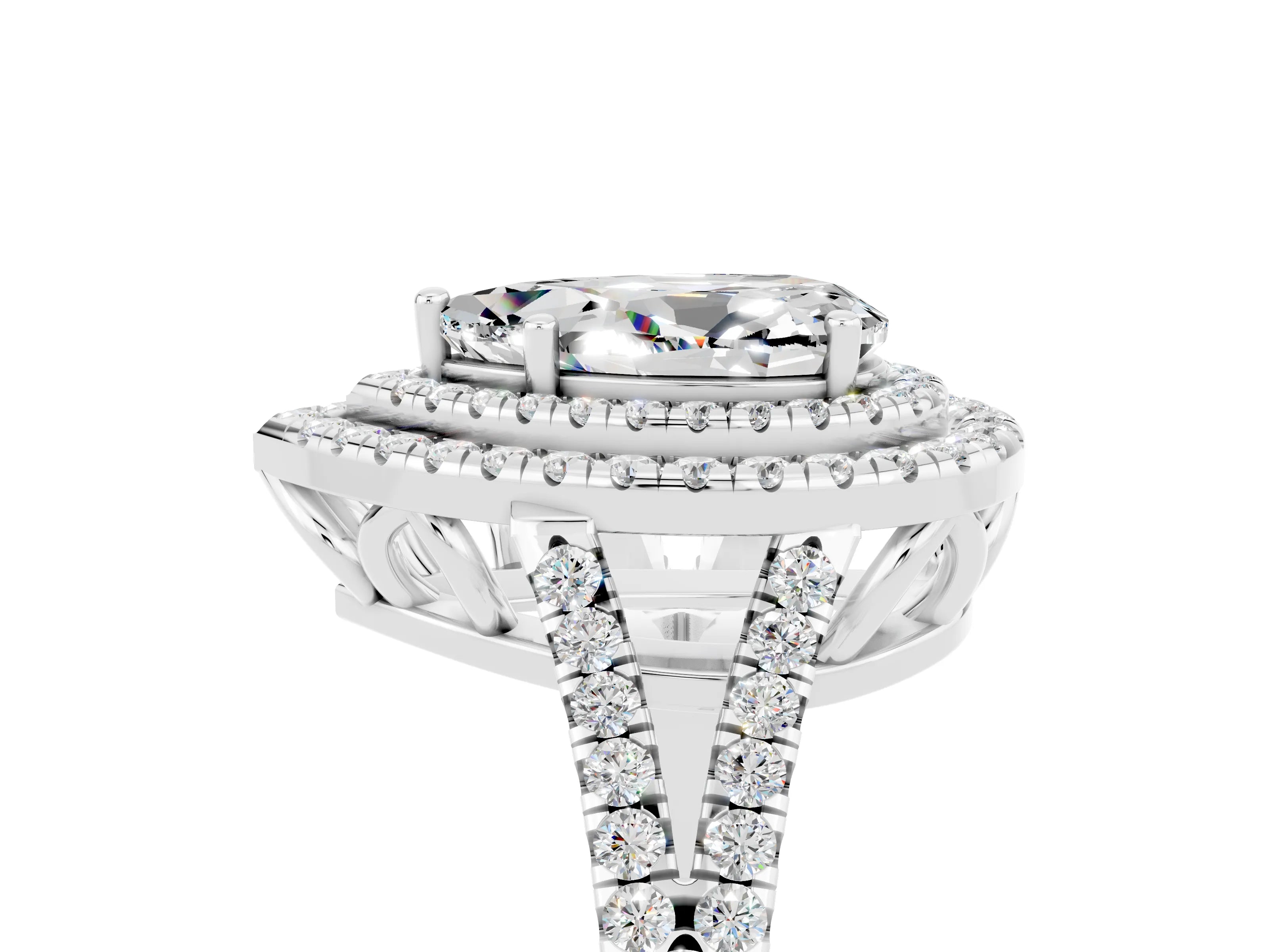 White gold Pear Cut Moissanite Double Halo Ring with Pavé Band and Prong Setting_17