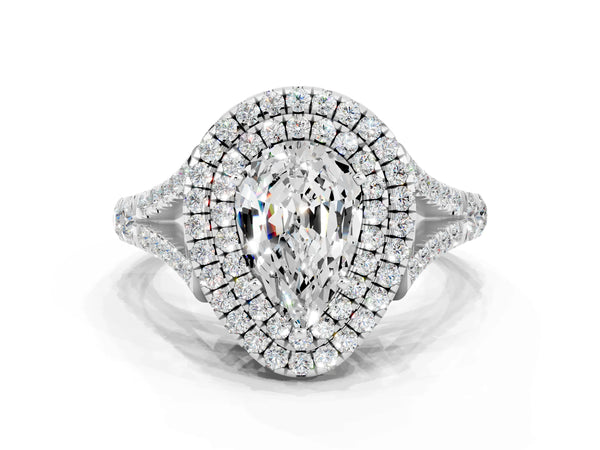 Platinum Pear Cut Moissanite Double Halo Ring with Split Shank and Prong Setting