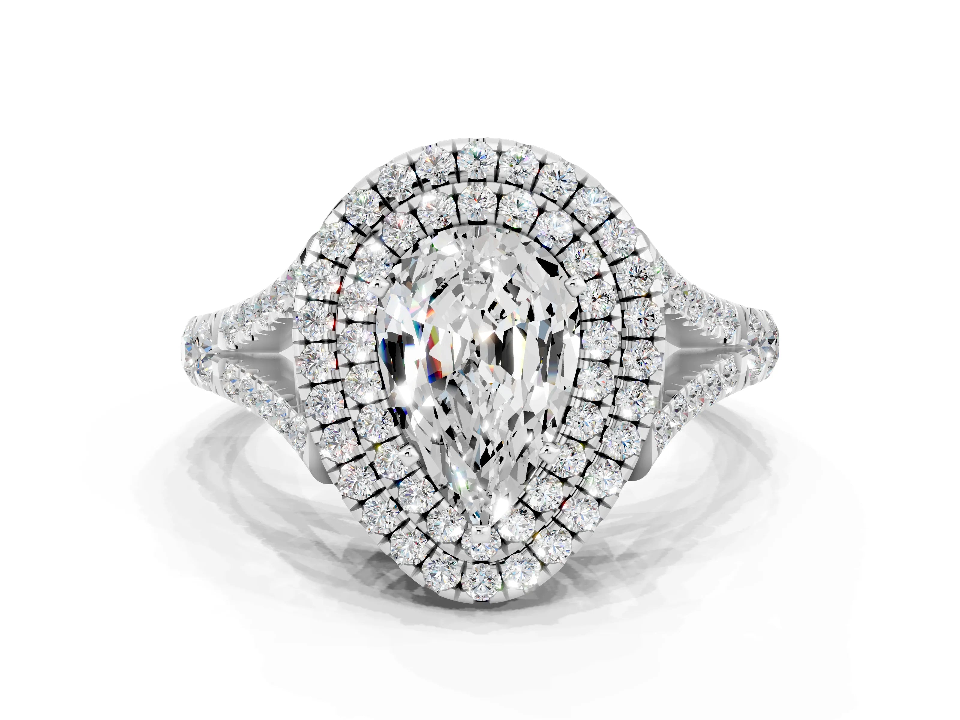 White gold Pear Cut Moissanite Double Halo Ring with Split Shank and Prong Setting_12