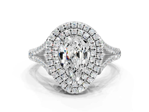 White gold Pear Cut Moissanite Double Halo Ring with Split Shank and Prong Setting_12