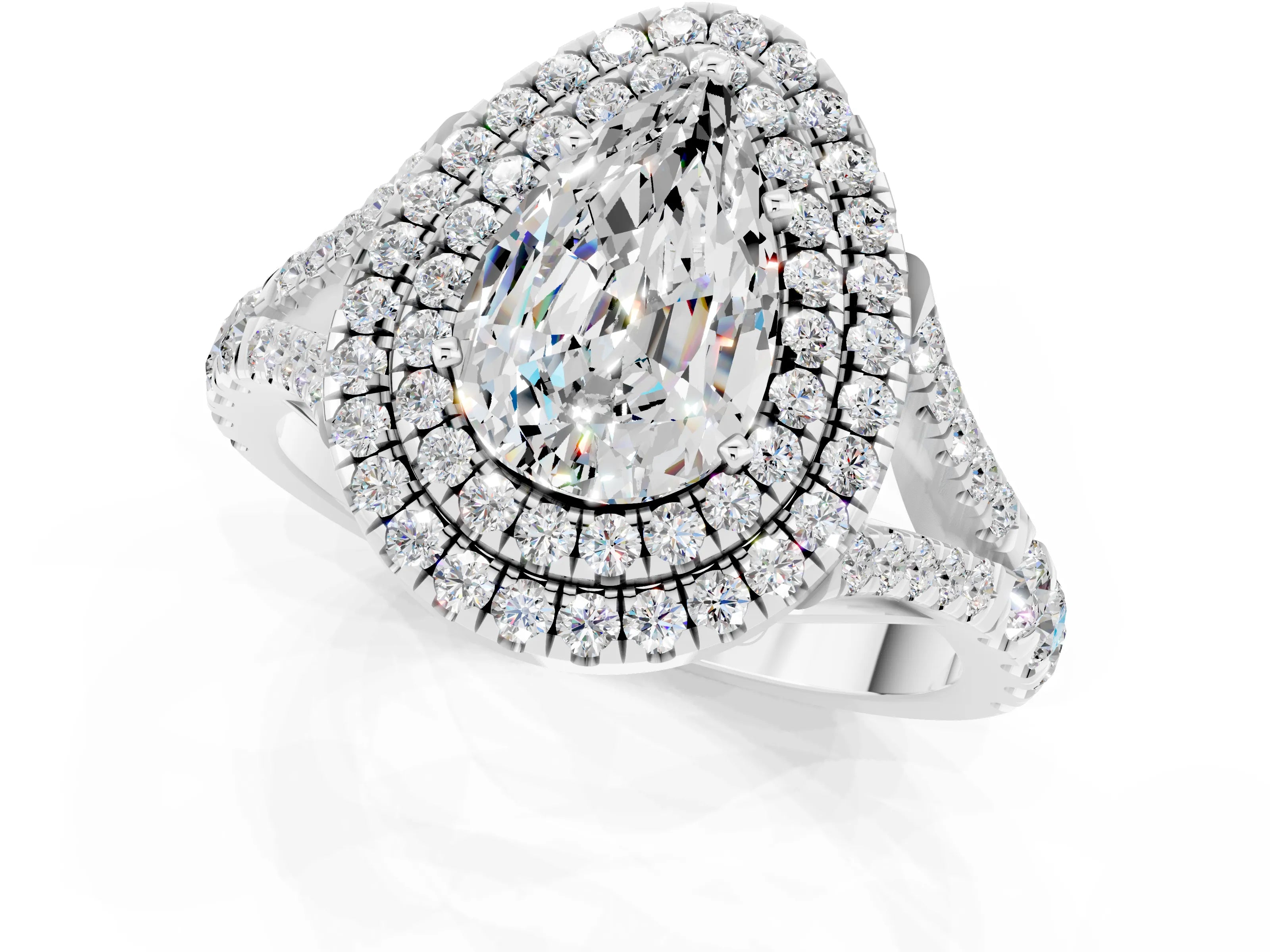 White gold Pear Cut Moissanite Double Halo Ring with Split Shank and Prong Setting_13
