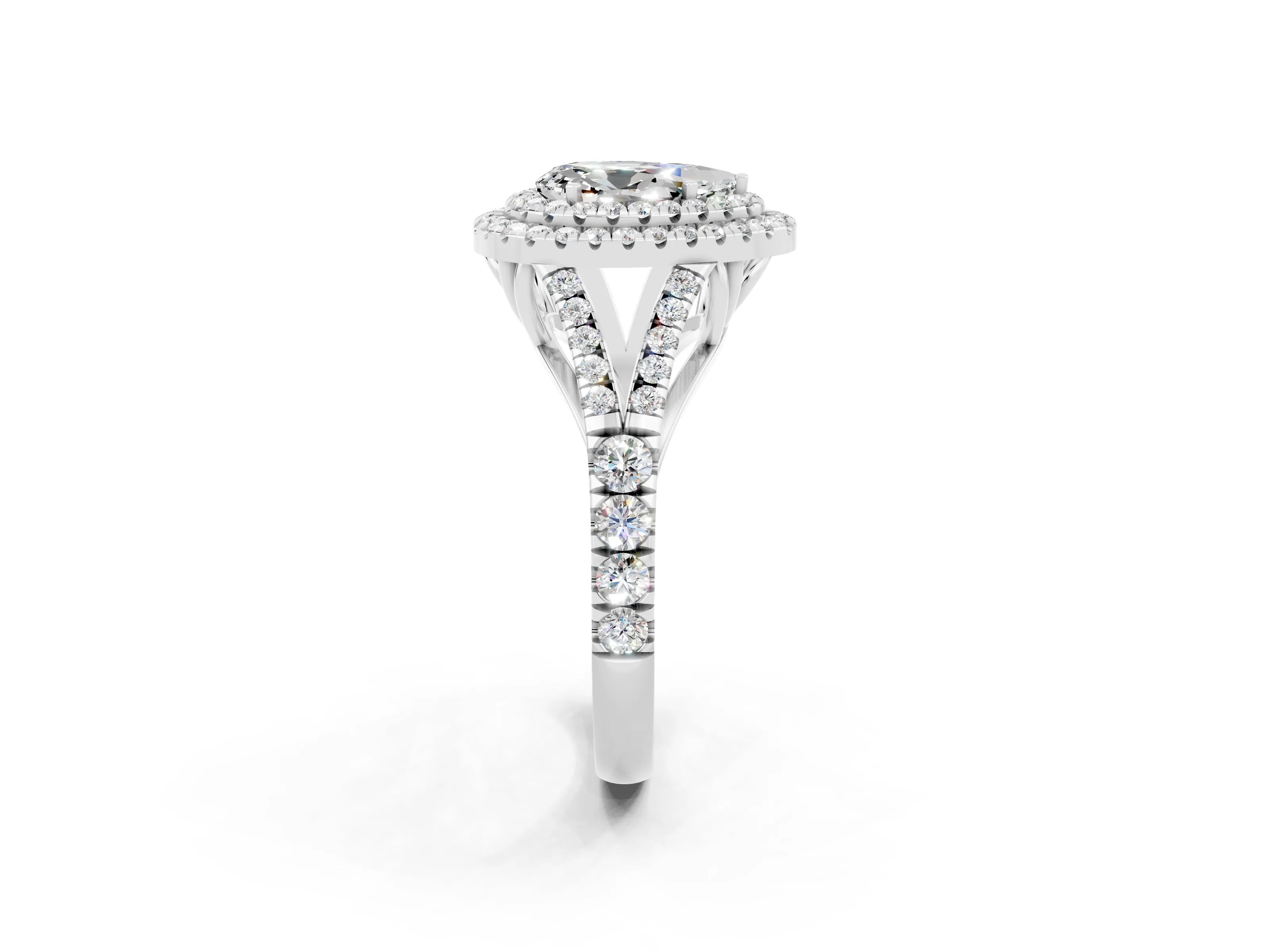 White gold Pear Cut Moissanite Double Halo Ring with Split Shank and Prong Setting_14