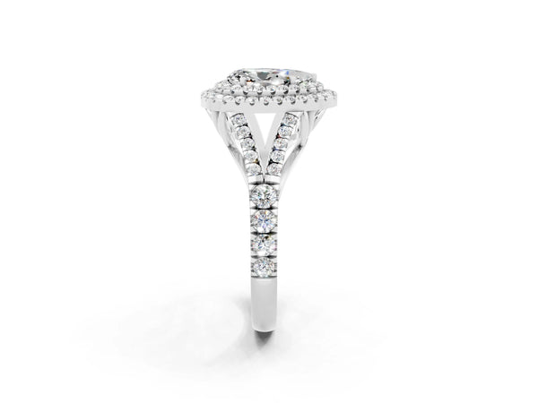 Silver Pear Cut Moissanite Double Halo Ring with Split Shank and Prong Setting