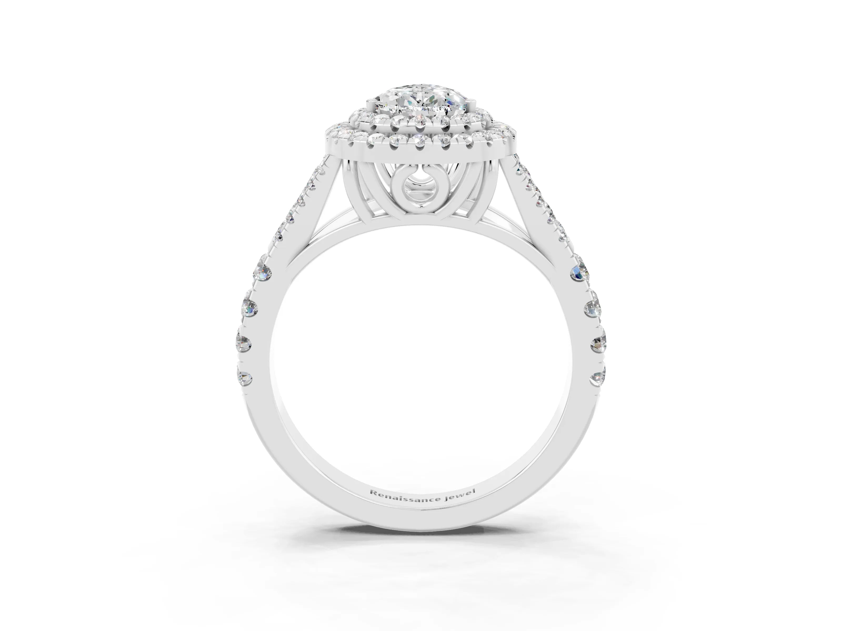 White gold Pear Cut Moissanite Double Halo Ring with Split Shank and Prong Setting_15