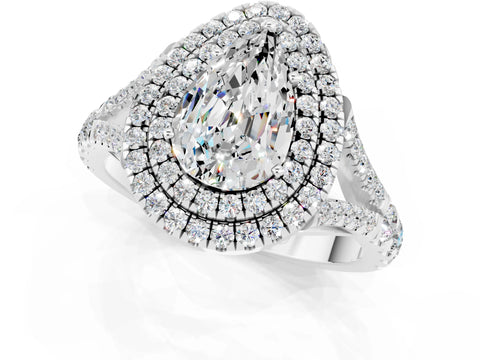 White gold Pear Cut Moissanite Double Halo Ring with Split Shank and Prong Setting_25