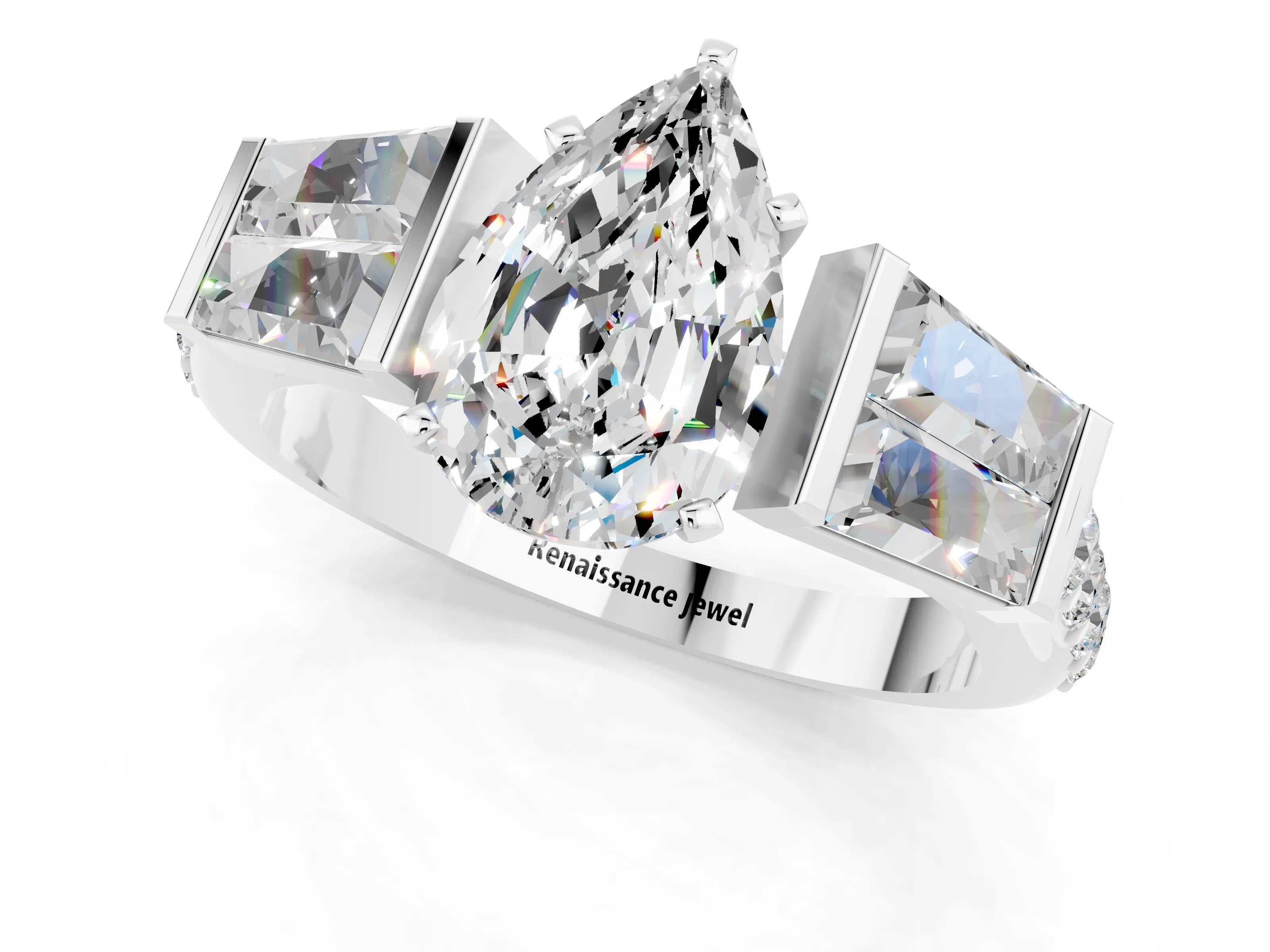 White gold Pear Cut Moissanite Engagement Ring with Baguette Side Stones and Channel Set Band_1