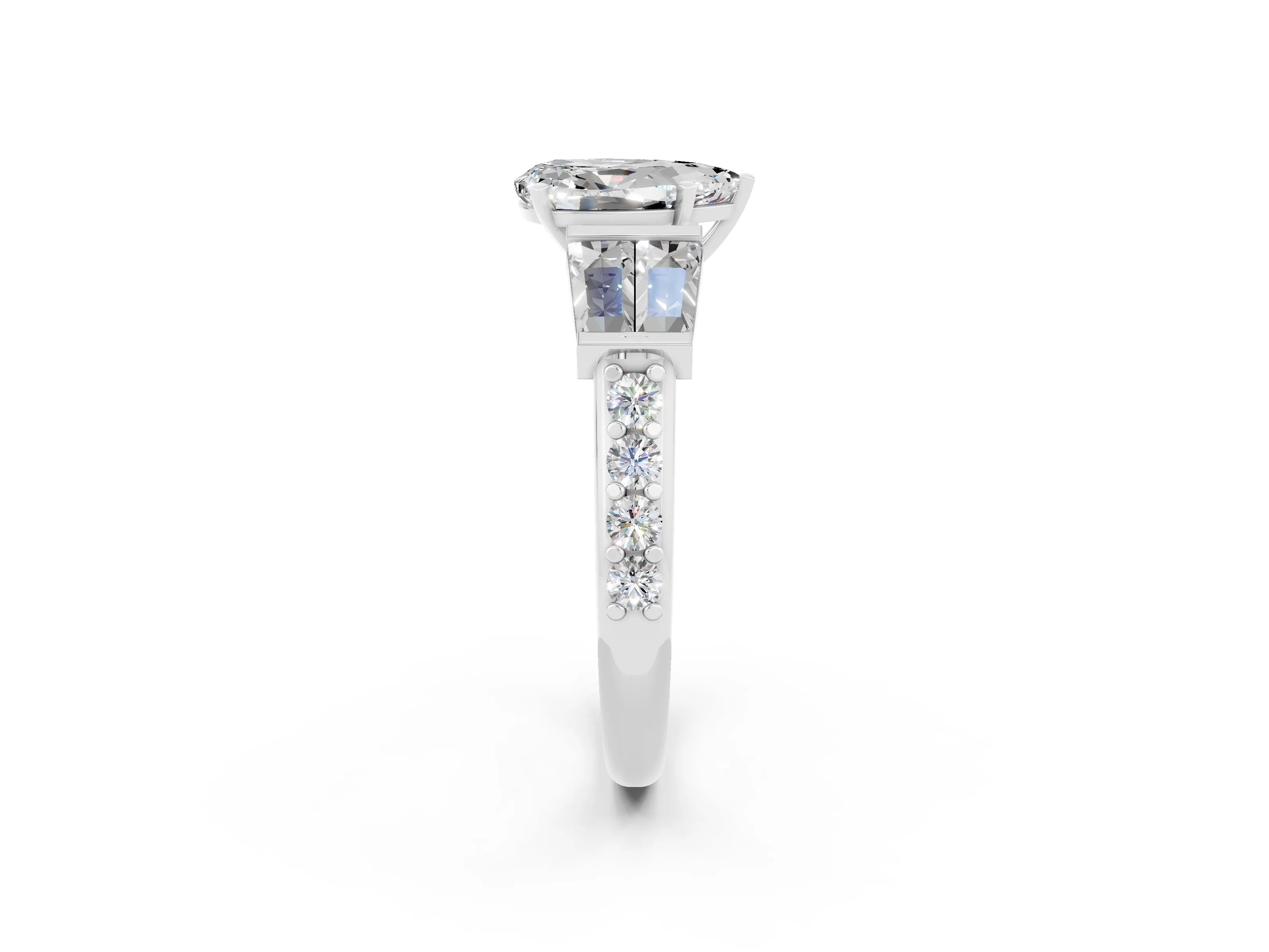 White gold Pear Cut Moissanite Engagement Ring with Baguette Side Stones and Channel Set Band_2