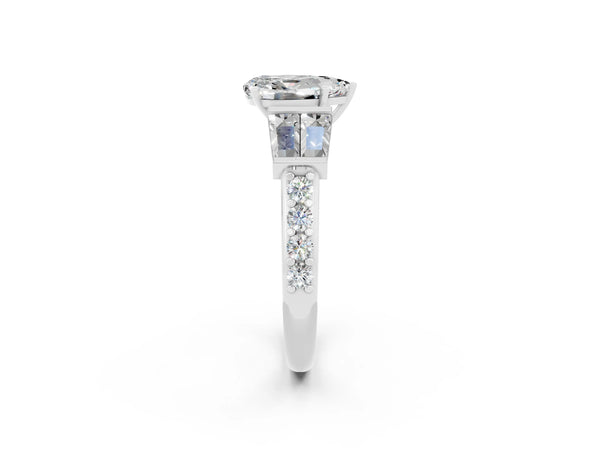 Silver Pear Cut Moissanite Engagement Ring with Baguette Side Stones and Channel Set Band